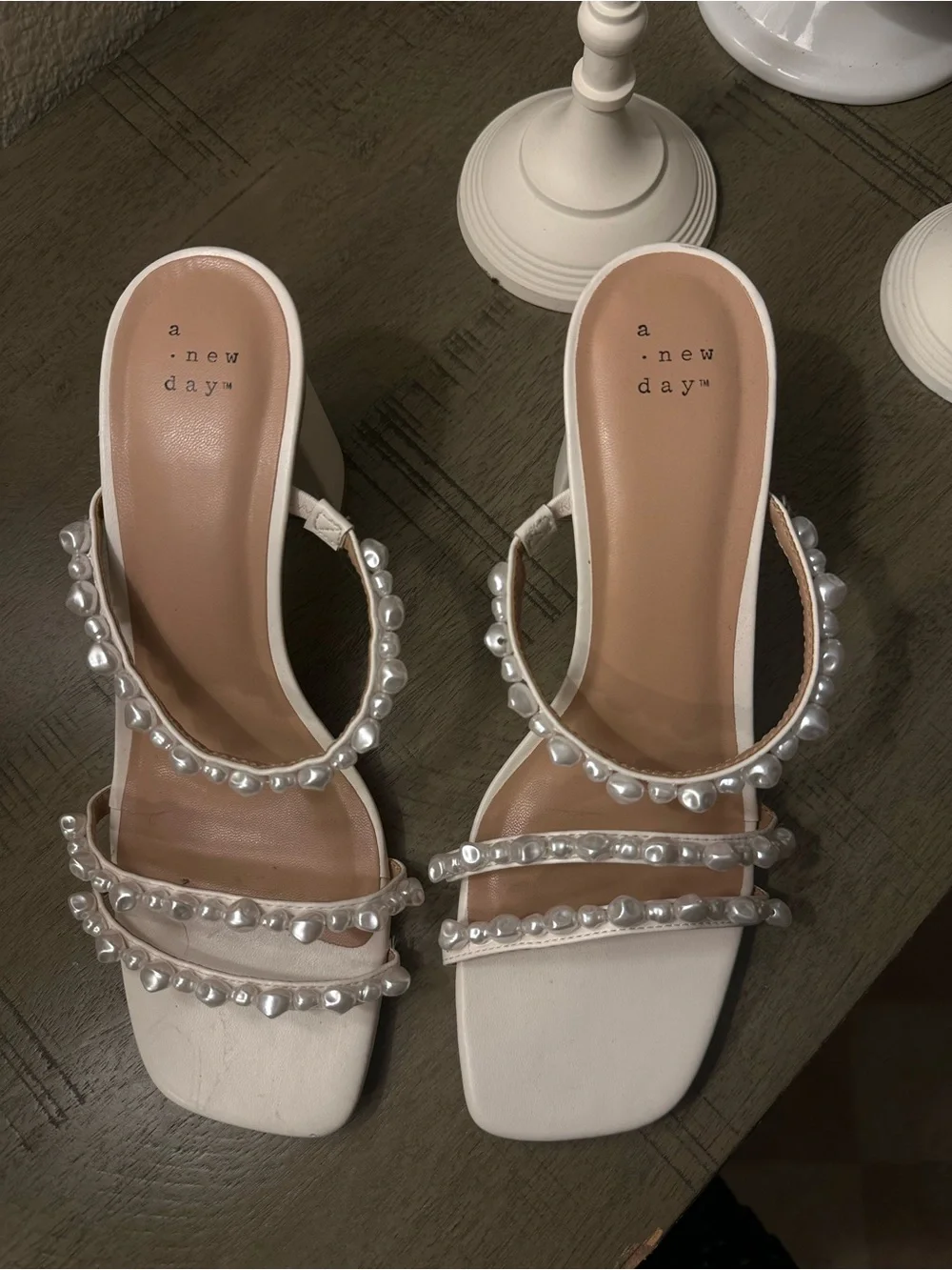 a new day White Pearl-Strap Square Toe Heeled Sandals
